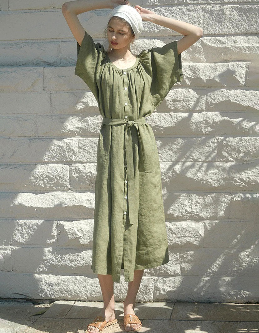 minimalist linen summer maxi dress with belt