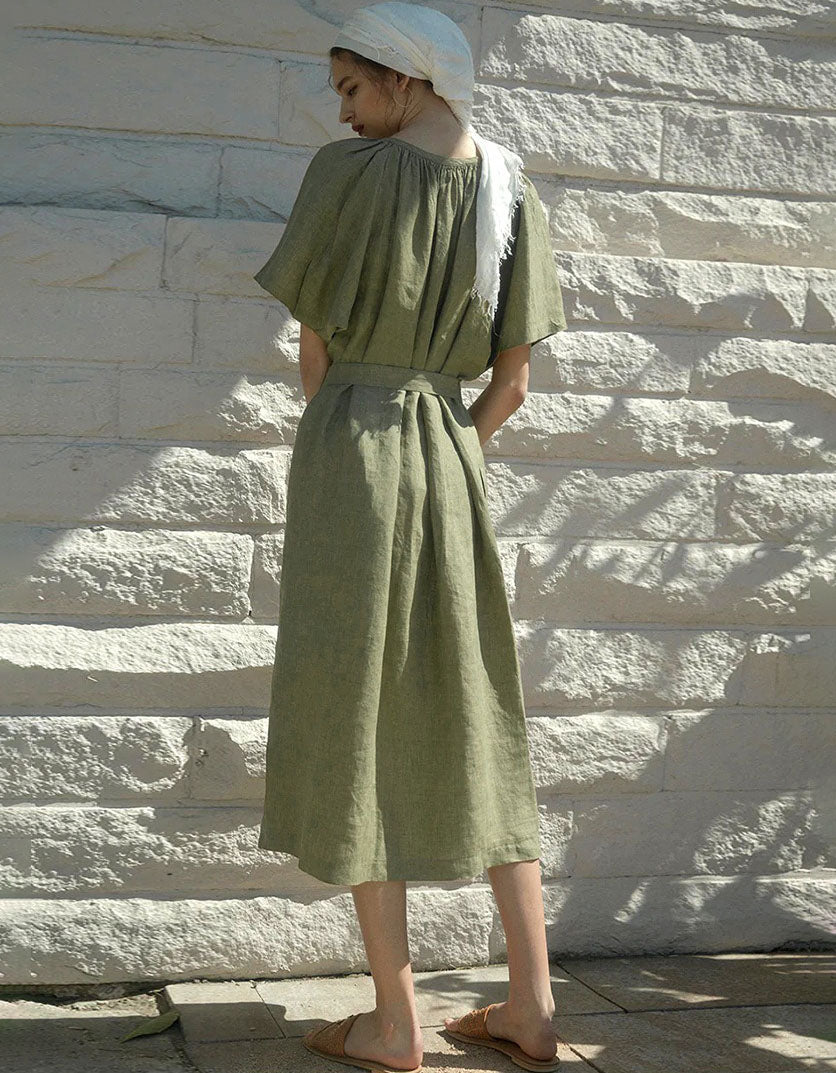 Back view of elegant casual linen maxi dress summer outfit