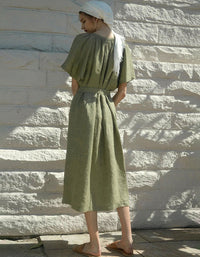 Back view of elegant casual linen maxi dress summer outfit