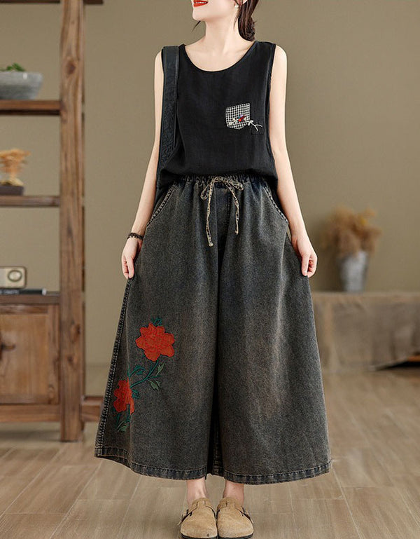 Loose fit embroidered denim culottes with drawstring waist for women