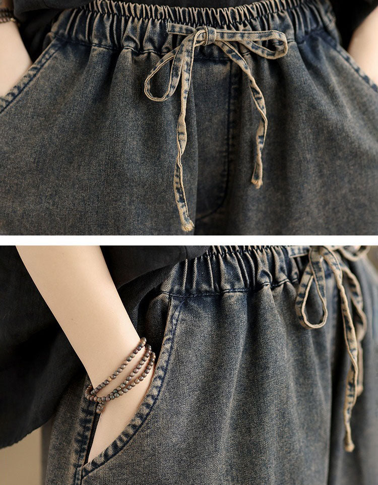 Women’s wide leg culotte jeans with floral embroidery and pockets