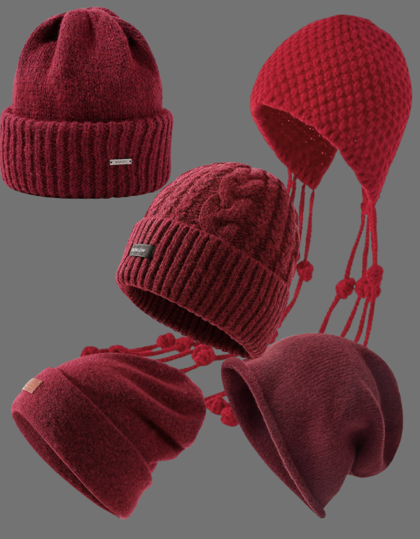 Women’s Warm Red Christmas Design Knit Beanie Hats