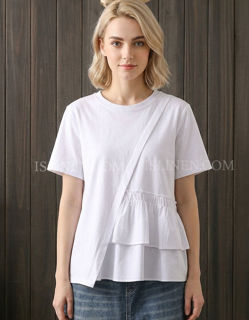 Women's White Asymmetrical Ruffle Cotton Summer Top