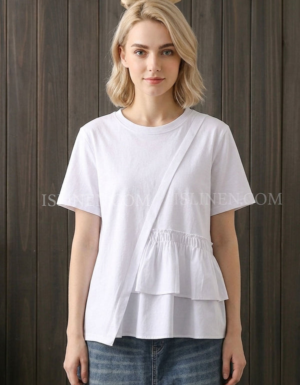 Women's White Asymmetrical Ruffle Cotton Summer Top