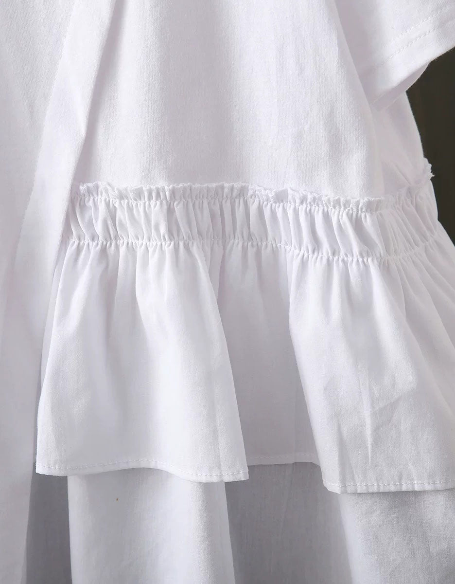 Minimalist White Cotton Ruffle Hem Casual Tee