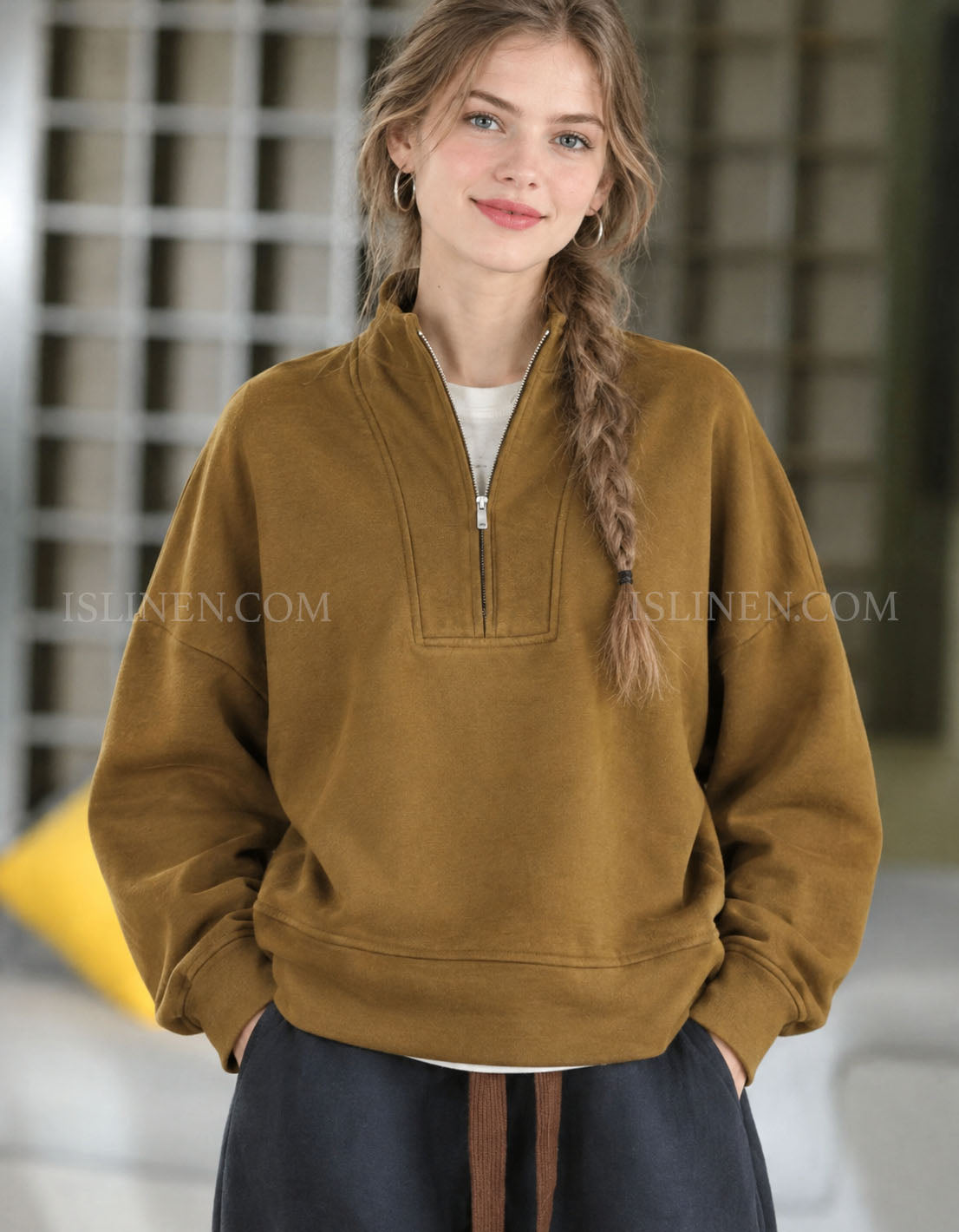 Women's Relaxed Fit Brown Half-Zip Pullover