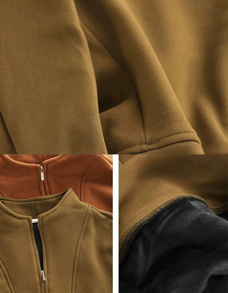 Close-up detail collage of a zip-front garment, showing the fabric texture, collar area with a zipper, and a dark inner lining.