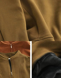 Close-up detail collage of a zip-front garment, showing the fabric texture, collar area with a zipper, and a dark inner lining.