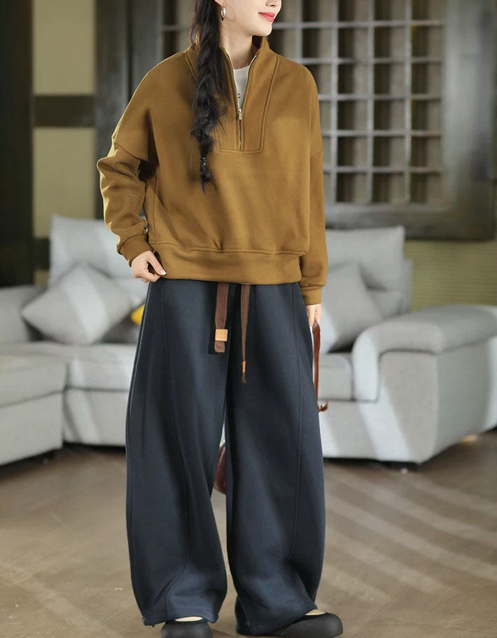 Oversized Brown Quarter-Zip Sweatshirt for Women
