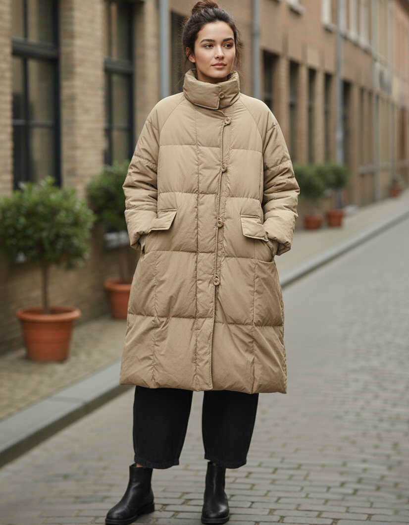 Women’s long puffer coat winter jacket in beige with functional buttons and pockets