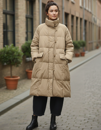 Women’s long puffer coat winter jacket in beige with functional buttons and pockets