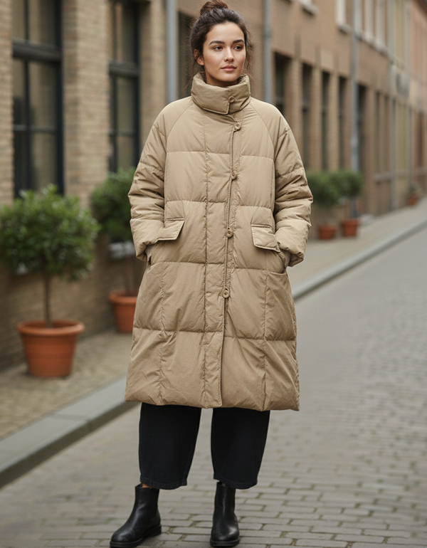 Women’s long puffer coat winter jacket in beige with functional buttons and pockets