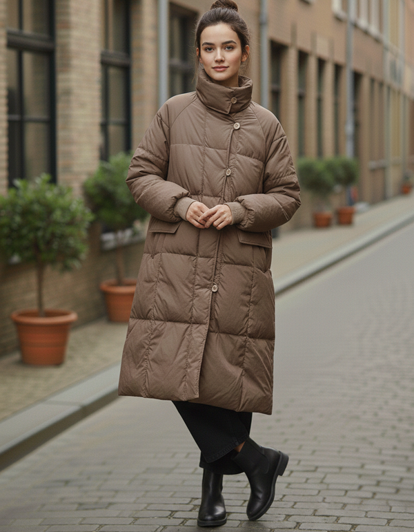 Women’s coffee long puffer coat winter jacket in beige with functional buttons and pockets 