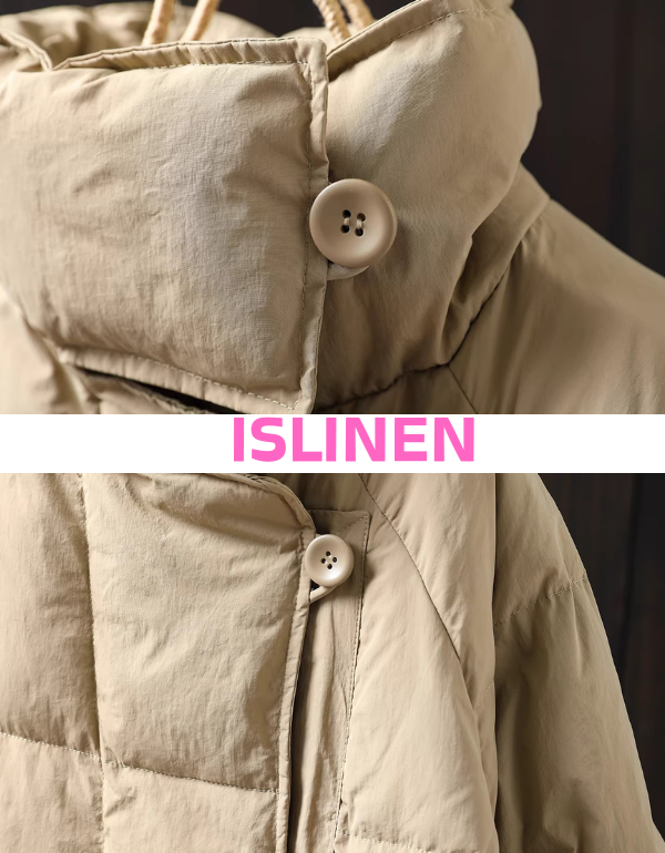 Close-up of buttons and detailing on women’s long puffer coat for winter