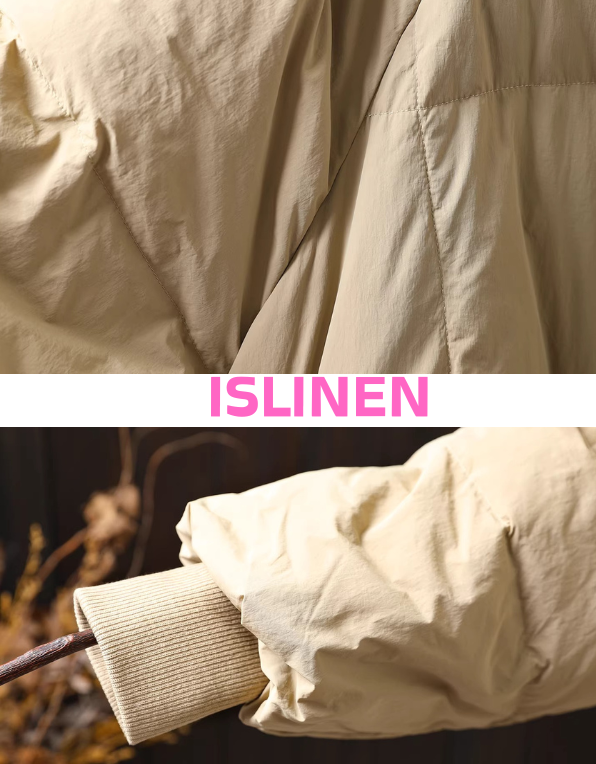 Detailed view of sleeves on women’s puffer coat winter jacket