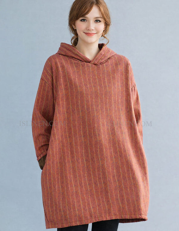women hooded cotton linen tunic dress front view