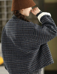 plaid jacket with faux fur cuffs and cozy sherpa lining for winter back view
