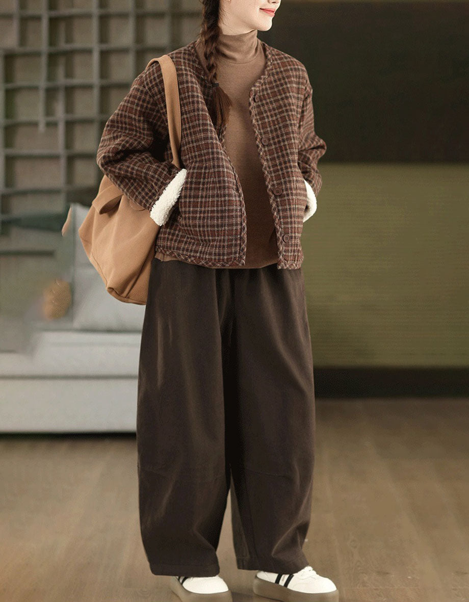 cozy women’s plaid button-up jacket with faux fur cuffs for winter