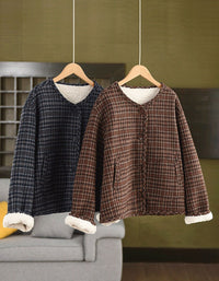 cozy women’s plaid button-up jacket with faux fur cuffs for winter full view