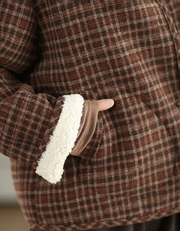 women’s plaid jacket with sherpa lining and faux fur cuffs close-up