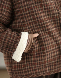 women’s plaid jacket with sherpa lining and faux fur cuffs close-up