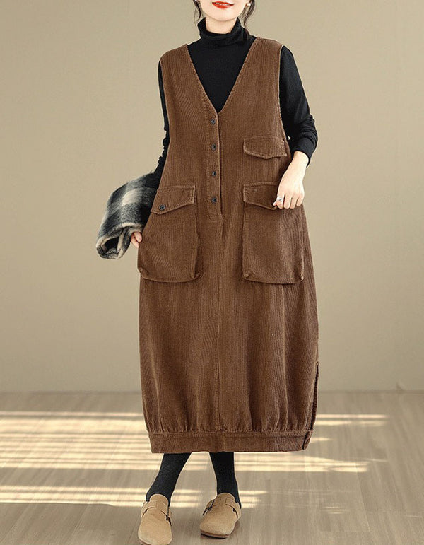 Women’s Winter Casual V-Neck Tunic Corduroy Dress
