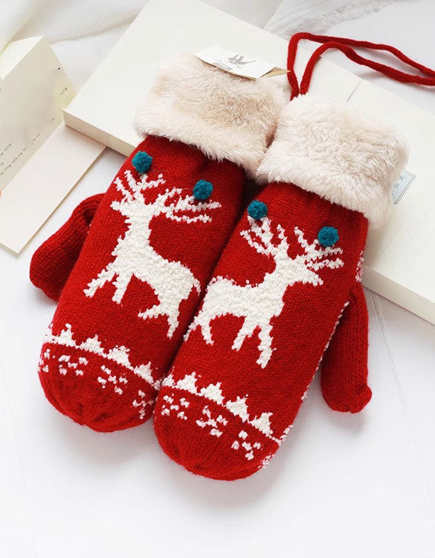 Women's Winter Christmas Reindeer Pattern Furry Knit Mittens