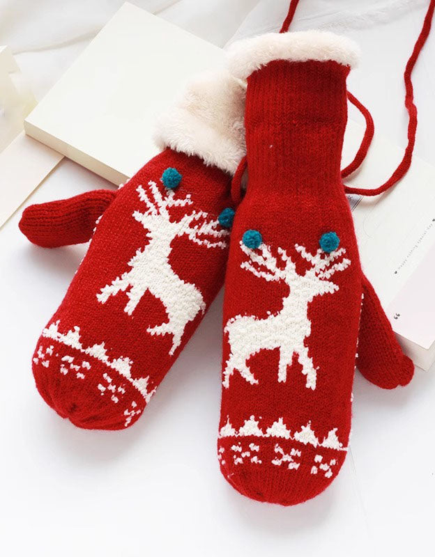 Women's Winter Christmas Reindeer Pattern Furry Knit Mittens