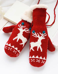 Women's Winter Christmas Reindeer Pattern Furry Knit Mittens