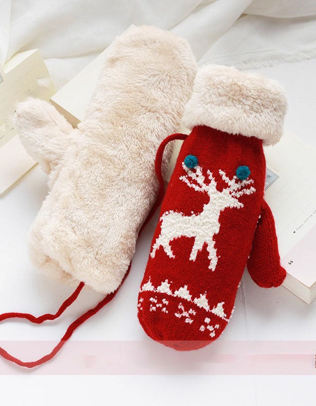 Women's Winter Christmas Reindeer Pattern Furry Knit Mittens