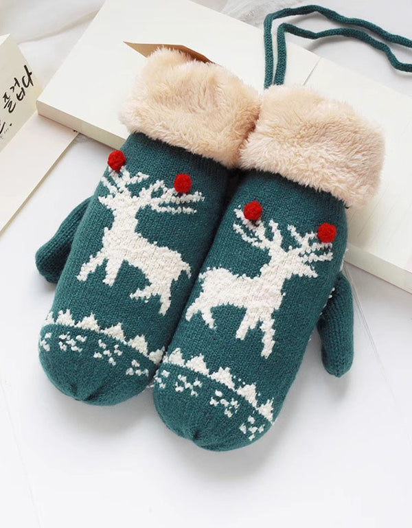 Women's Winter Christmas Reindeer Pattern Furry Knit Mittens