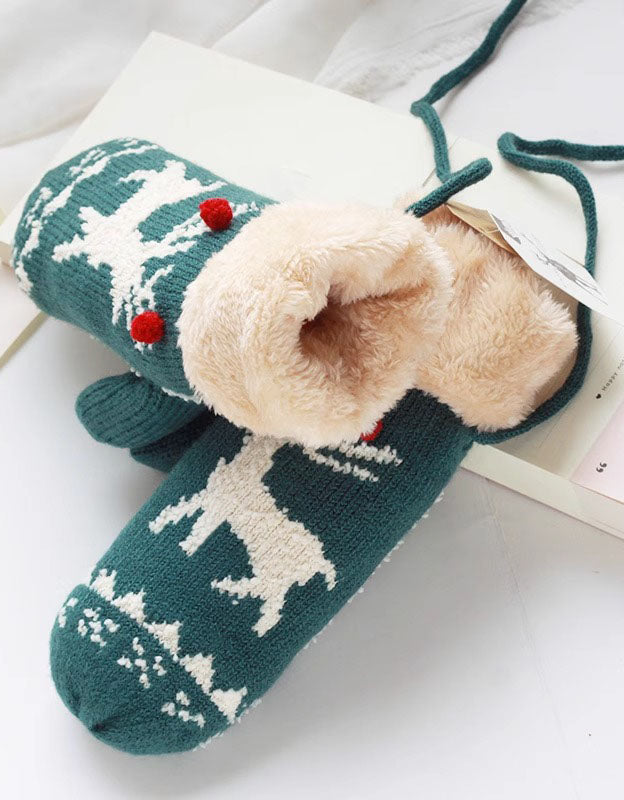 Women's Winter Christmas Reindeer Pattern Furry Knit Mittens