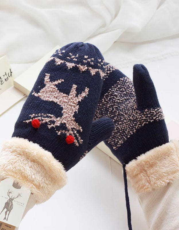 Women's Winter Christmas Reindeer Pattern Furry Knit Mittens