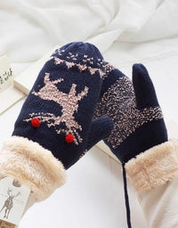 Women's Winter Christmas Reindeer Pattern Furry Knit Mittens