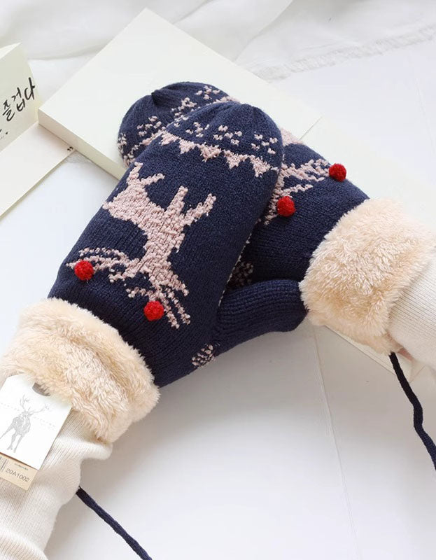 Women's Winter Christmas Reindeer Pattern Furry Knit Mittens