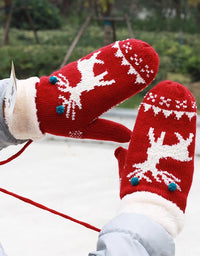 Women's Winter Christmas Reindeer Pattern Furry Knit Mittens