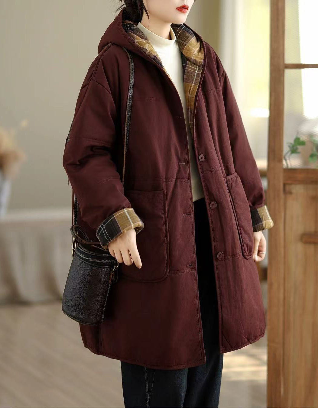 Women's Winter Comfortable Plaid Lining Padded Hooded Coat