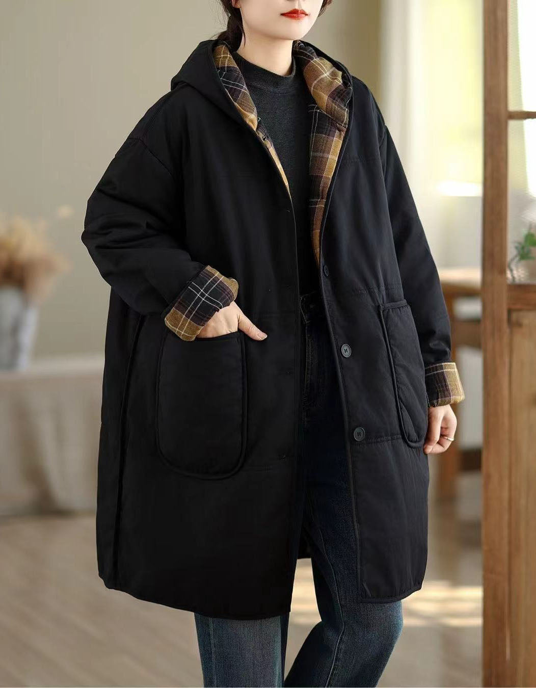 Women's Winter Comfortable Plaid Lining Padded Hooded Coat