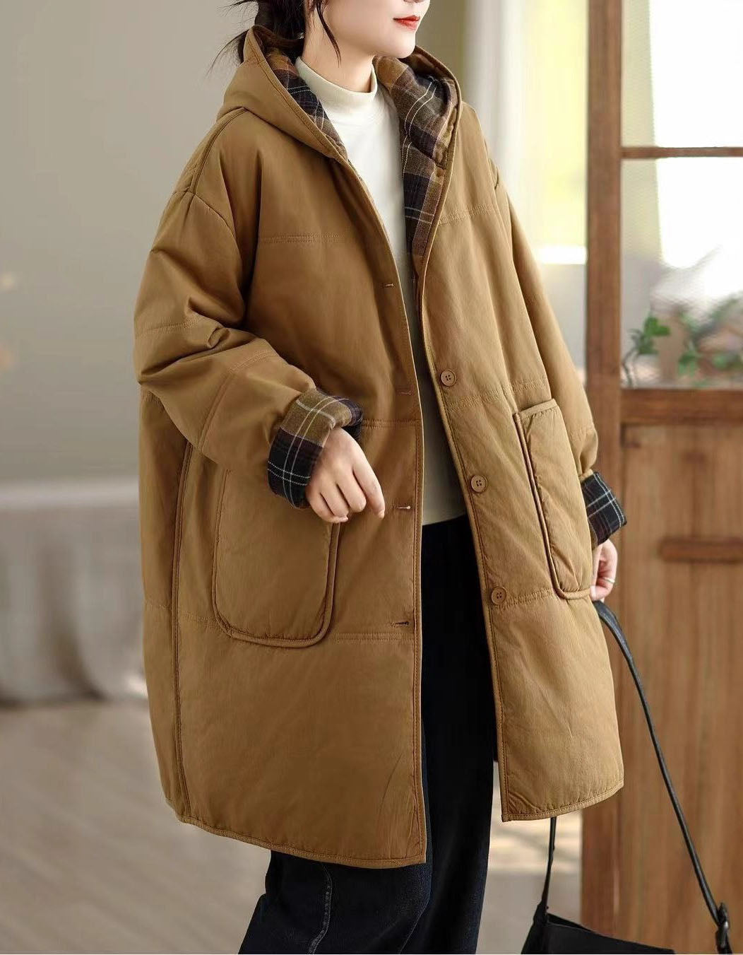 Women's Winter Comfortable Plaid Lining Padded Hooded Coat
