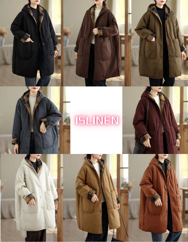 Women's Winter Comfortable Plaid Lining Padded Hooded Coat