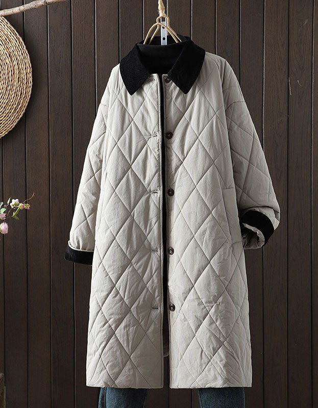 Women's Winter Loose Contrast Collar Quilted Long Coat