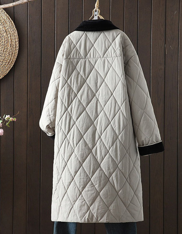 Women's Winter Loose Contrast Collar Quilted Long Coat