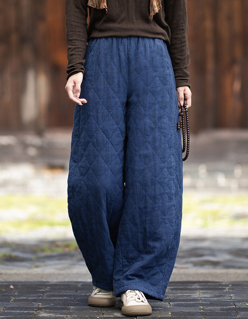 Navy quilted wide leg pants styled with knit top for casual fall outfit