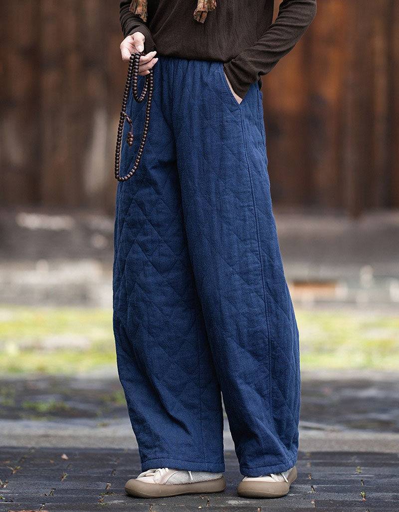 Navy Side view of loose-fit quilted winter pants with pocket