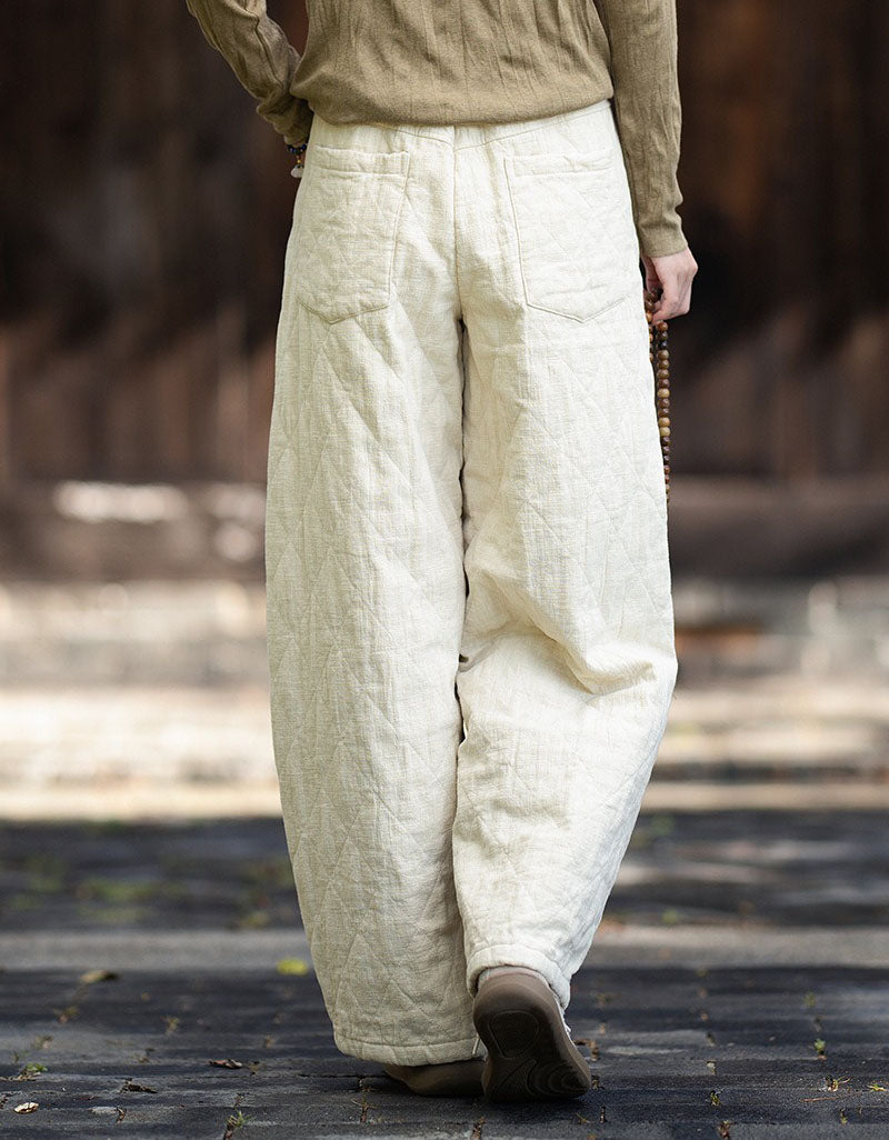 Back view of women’s padded wide leg pants in linen color