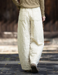 Back view of women’s padded wide leg pants in linen color