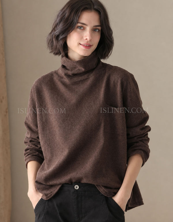 Women’s Loose Fit Brown Turtleneck Long Sleeve Top
