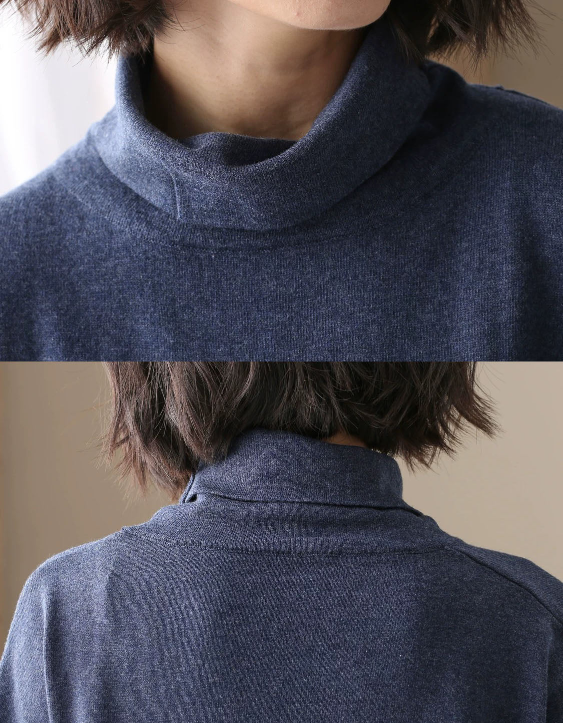 Blue turtleneck sweater paired with black trousers for a casual outfit