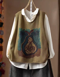 Women's Artistic Vintage Knit Sweater Vest with Pear Graphic