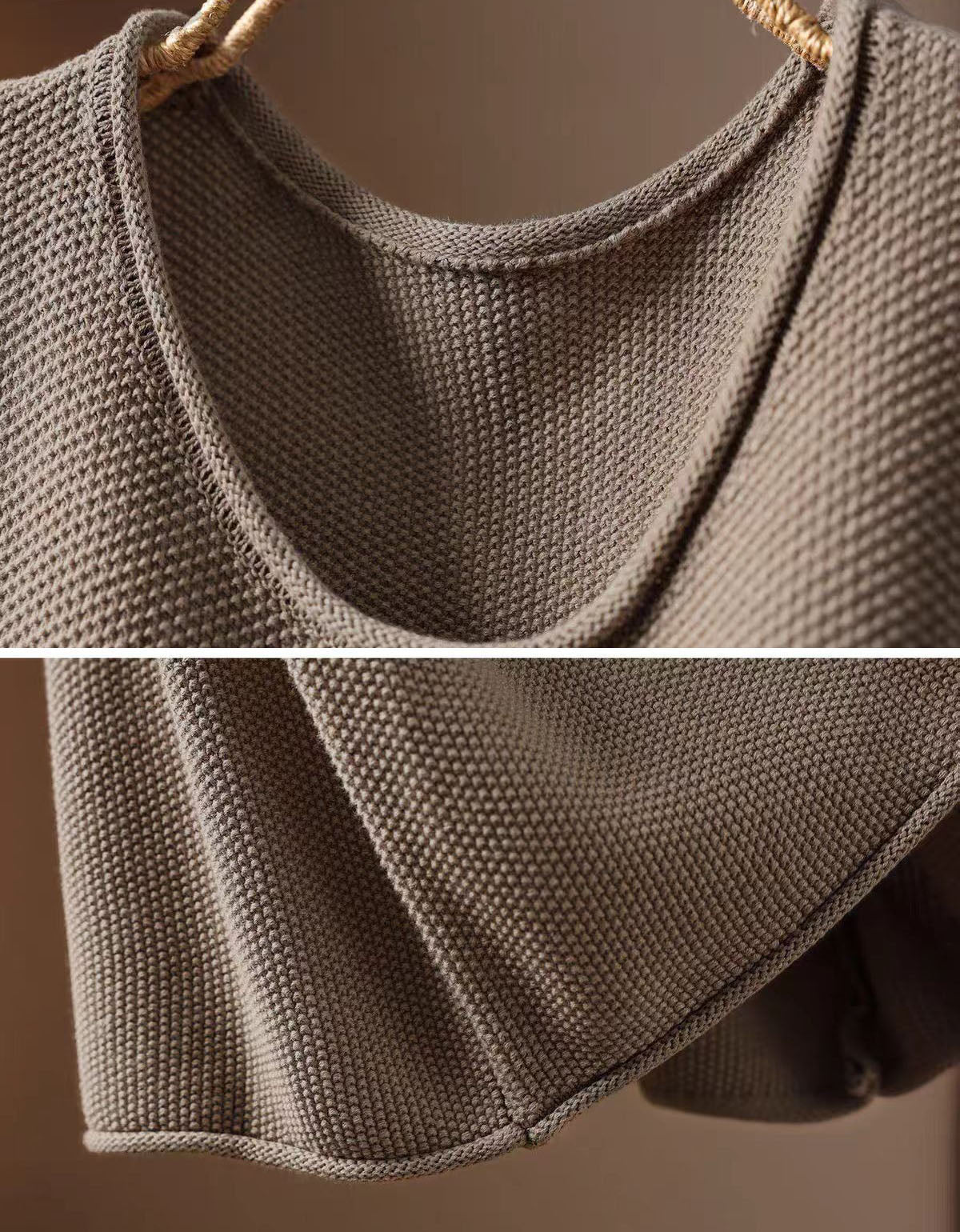 Woman wearing a relaxed taupe vintage graphic knit vest over a white collared shirt